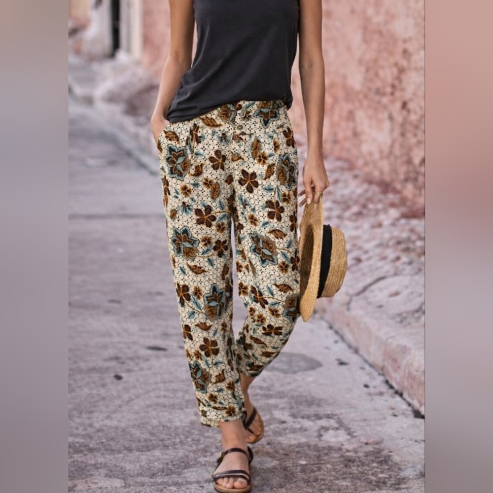 Garnet Hill Organic Cotton Gauze Pants | Floral Print Relaxed Fit Boho. Size Med